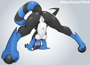 anus ass_up black_claws black_finger_claws blue_body blue_skin breasts butt claws female finger_claws genitals gradient_background grey_background long_tail markings navel nipples pink_eyes pink_nipples simple_background small_breasts solo striped_markings striped_tail stripes tail tail_markings text vulva sanpedro7343 ben_10 cartoon_network chaquetrix xlr8 alien kineceleran 2025 absurd_res artist_name hi_res