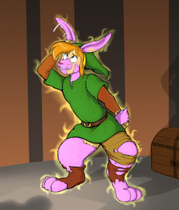 belt blonde_hair blue_eyes clothing dark dungeon fur hair hand_on_head magic male paws pink_body pink_fur shirt solo topwear transformation tunic stickmanwww a_link_to_the_past nintendo the_legend_of_zelda link link_(rabbit_form) lagomorph leporid mammal rabbit hi_res