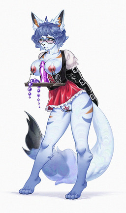 anal_beads anthro areola armwear bdsm bdsm_gear bdsm_outfit belt between_breasts black_sclera blue_hair blush bottomwear breastless_clothing breasts clamp clothed clothing dildo dirndl dress embarrassed eyebrows eyewear female fur genitals glasses gloves hair handwear humiliation latex latex_armwear latex_clothing latex_gloves latex_handwear multicolored_body multicolored_fur nipple_clamp nipple_tray nipples partially_clothed raised_eyebrow sex_toy short_hair simple_background skirt slave solo toy tray vaginal vibrator vulva white_background wide_hips kantoku cirrus_(cirrusol) arctic_fox canid canine fox mammal true_fox colored full-length_portrait hi_res portrait shaded