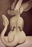 anthro black_body black_scales bowed_string_instrument butt female head_scarf headwrap long_ears musical_instrument scales sharp_teeth sitting solo spiked_tail spikes spikes_(anatomy) string_instrument tail tattoo teeth viola_(musical_instrument) violin white_body white_scales slomnir kobold scalie hi_res monochrome
