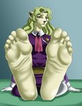 5_toes anthro barefoot biped breasts clothed clothing feet female foot_focus fur green_hair hair humanoid_feet long_hair looking_at_viewer plantigrade shirt simple_background sitting smile soles solo toes topwear white_body white_fur yellow_eyes naranjou tenchi_muyo elma_(tenchi_muyo) domestic_cat felid feline felis mammal absurd_res hi_res