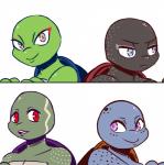 ambiguous_gender anthro blue_eyes duo freckles frown looking_at_viewer markings mole_(marking) orange_eyes purple_eyes red_eyes shell simple_background smile white_background inkyfrog teenage_mutant_ninja_turtles donatello_(tmnt) leonardo_(tmnt) michelangelo_(tmnt) raphael_(tmnt) reptile scalie turtle 2019