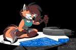 anthro blueprint bottomwear breasts brown_body brown_fur brown_hair clothing female fluffy fluffy_tail fur hair multicolored_body multicolored_fur orange_body orange_fur screwdriver shirt shorts solo tail tools topwear white_body white_fur animatedjames macy canid canine fox mammal