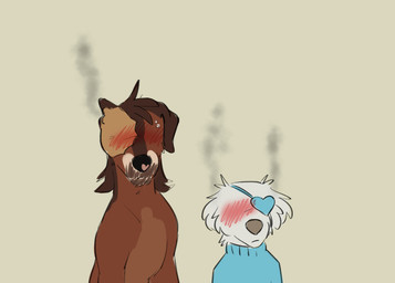 blush clothing duo eye_patch eyewear facial_scar feral male scar steaming puppyratcat felvin_(puppyratcat) canid canine canis domestic_dog mammal hi_res reaction_image