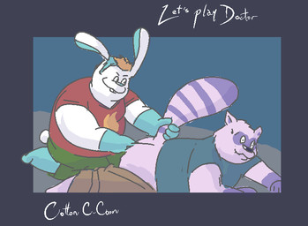 anthro bottomwear butt clothing duo fisting fur humanoid_hands male male/male overweight overweight_male pants penetration shirt shorts topwear white_body white_fur young cottoncandycoon lagomorph leporid mammal procyonid rabbit raccoon 2010