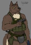 anthro armor assault_rifle bad_trigger_discipline belt biceps black_nose brown_body brown_fur brown_hair bulletproof_vest chest_tuft clothing codpiece dialogue fur gun hair hairy handgun holding_gun holding_object holding_ranged_weapon holding_weapon looking_at_viewer male muscular muscular_anthro muscular_male pistol pubes ranged_weapon rifle simple_background solo standing teeth text text_on_clothing text_on_codpice text_on_topwear thigh_holster topwear tuft unconvincing_armor vest weapon yellow_eyes snakedakyoot kyoot_(snakedakyoot) canid canine canis coyote deer domestic_dog equid equine hybrid mammal new_world_deer digital_media_(artwork) english_text hi_res