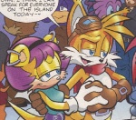 anthro blue_eyes clothing dialogue duo_focus ear_piercing eyewear female gloves goggles group hair hand_holding handwear interlocked_fingers male piercing purple_hair speech_bubble tail text tracy_yardley archie_comics sega sonic_riders sonic_the_hedgehog_(archie) sonic_the_hedgehog_(comics) sonic_the_hedgehog_(series) miles_prower mina_mongoose canid canine fox herpestid mammal mongoose english_text official_art