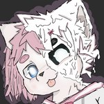 ambiguous_gender anthro blue_eyes clothing fur hair latex looking_at_viewer pattern_clothing pink_hair pupils simple_background solo sticky tongue tongue_out transformation white_body white_fur lonelywolfyboi dazed_(video_game) xi_(dazed) canid canine canis mammal wolf 1:1 hi_res