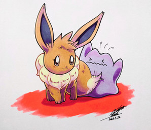 ambiguous_gender blush blush_lines bodily_fluids brown_body brown_eyes brown_fur dipstick_tail duo eyelashes eyes_closed female feral fur markings paws purple_body simple_background sweat sweatdrop tail tail_markings tickling 025aki nintendo pokemon pokemon_pokopia ditto_(pokopia) ditto_(pokemon) eevee generation_1_pokemon goo_creature pokemon_(species) 2026 absurd_res dated hi_res signature