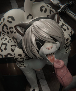 accessory all_fours alternate_species animal_genitalia animal_penis anthro armwear big_breasts big_butt black_body black_clothing black_fur black_leggings black_legwear black_spots blindfold bodily_fluids breasts butt canine_genitalia canine_penis clothing cum cum_in_mouth cum_inside cum_on_face cumshot duo ejaculation elbow_gloves female fur furrification genital_fluids genitals gloves hair hair_accessory hairband handwear holding_penis katana leggings legwear male male/female markings melee_weapon nipples penis pink_nipples pink_nose sex spots spotted_body sword tongue tongue_out vein veiny_penis weapon white_body white_clothing white_fur white_gloves white_hair white_handwear jaeger3d mayosplash_(modeler) nier_automata platinumgames yorha_2b canid felid mammal pantherine snow_leopard 3d_(artwork) 5:6 absurd_res digital_media_(artwork) hi_res