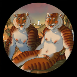 anthro belly caricature duo field flaccid fur genitals glans half-erect male morning muscular muscular_male nipples penis pink_glans pink_nipples silly_face silo sitting smile striped_body striped_fur striped_genitalia striped_penis stripes tongue tongue_out whiskers white_belly ravuer felid mammal pantherine tiger 1:1 hi_res