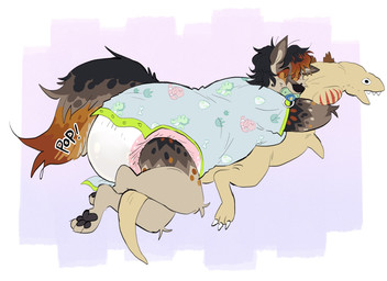 3_toes ambiguous_gender anthro big_diaper black_body black_fur black_hair black_nose black_pawpads black_spots black_tail brown_body brown_ears brown_fur brown_spots brown_tail button_(fastener) clothed clothing crossed_legs diaper ear_piercing ear_ring eyes_closed feces feet fur gold_(metal) gold_jewelry green_pacifier hair highlights_(coloring) hug hugging_object hugging_plushie jewelry leg_markings lying markings mole_(marking) multicolored_body multicolored_fur multicolored_spots multicolored_tail object_in_mouth on_front onesie orange_body orange_fur orange_highlights orange_spots orange_tail pacifier pacifier_in_mouth pawpads piercing plushie pooping pop_(sound_effect) ring_piercing simple_background sleeping smile snapsuit socks_(marking) soiled_diaper soiling soiling_diaper solo sound_effects spots spotted_body spotted_fur spotted_markings spotted_tail tail tail_markings tan_body tan_fur tan_inner_ear tan_spots tan_tail toes unclean_diaper used_diaper using_diaper wardrobe_malfunction wavy_mouth wearing_diaper slusheep bri_(kalash) kamata-kun canid canine canis coyote mammal full-length_portrait hi_res portrait trans_(lore) trans_woman_(lore)