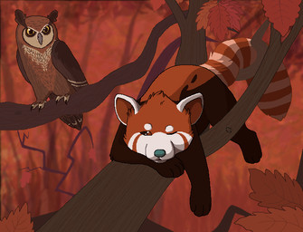 ambiguous_gender autumn beak blue_nose blurred_background brown_body brown_eyes brown_feathers brown_fur brown_inner_ear duo feathered_wings feathers feet feral fur grey_beak in_tree leaf looking_at_another lying markings one_eye_closed orange_body orange_fur paws plant ring_(marking) ringed_tail snout striped_markings striped_tail stripes tail tail_feathers tail_markings talons toes toony tree white_body white_fur wings yellow_eyes sebdoggo ailurid avian bird mammal owl red_panda 2013 aliasing cel_shading digital_drawing_(artwork) digital_media_(artwork) microsoft_paint_(artwork) shaded female_(lore)