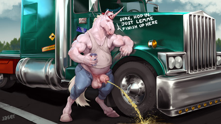 animal_genitalia animal_penis anthro balls beverage biped bodily_fluids bottomwear cigarette clothed clothing denim denim_bottomwear denim_clothing detailed_background equine_genitalia equine_penis fur genital_fluids genitals hair hat headgear headwear holding_beverage holding_cigarette holding_object hooves horn jeans male male_anthro male_peeing musclegut muscular muscular_anthro muscular_male open_bottomwear open_clothing open_pants pants peeing peeing_on_ground penis shirt solo standing talking_to_viewer tank_top topwear truck trucker trucker_hat urine urine_on_ground urine_stream vehicle watersports white_body white_fur white_hair laser_(artist) mythology equid equine mammal mythological_creature mythological_equine unicorn 16:9 2025 digital_media_(artwork) hi_res widescreen