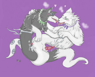 anal anal_penetration anthro bodily_fluids cum cum_inside duo erection floating genital_fluids genitals male male/male male_penetrated male_penetrating male_penetrating_male messy nude penetration penis romantic romantic_couple sex simple_background unknown_artist kekkaishi hakubi madarao_(kekkaishi) canid canine canis domestic_dog ghost mammal spirit undead