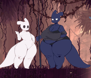 anthro big_breasts blue_body blue_ears blue_tail bottomwear bra breasts cleavage clothed clothed_anthro clothed_female clothing detailed_background duo featureless_chest female female_anthro hand_on_hip holding_melee_weapon holding_object holding_polearm holding_spear holding_weapon huge_thighs larger_female mature_female melee_weapon mouthless navel off_shoulder plant polearm shirt shorts size_difference spear standing tail thick_thighs topwear underwear vines weapon white_body white_ears white_eyes white_tail gyrbdark rain_world videocult survivor_(rain_world) watcher_(rain_world) slugcat 2025 absurd_res digital_media_(artwork) full-length_portrait hi_res portrait