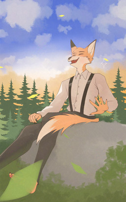 anthro clothed clothing forest fur hair looking_at_viewer male nature nature_background open_mouth outside plant singing smile solo tail tree darkplayers canid canine fox mammal 5:8 absurd_res digital_media_(artwork) hi_res huge_filesize