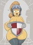 anthro armor big_breasts blush breasts cleavage clothed clothing duo embarrassed female gauntlets gloves handwear headgear helmet legwear mostly_nude shield stockings thick_thighs wide_hips usnarbit amelia_steelheart canid canine canis domestic_dog mammal absurd_res english_description hi_res