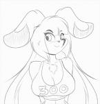 anthro big_breasts big_ears breasts chest_tuft cleavage clothed clothing facial_markings female floppy_ears fur hair head_markings long_ears long_hair looking_at_viewer markings shirt smile solo topwear tuft mastergodai rascals jazmin_usagi lagomorph leporid mammal rabbit 2015 monochrome sketch