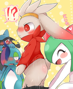 ambiguous_gender anthro assisted_exposure blue_body blue_fur blush bottomwear clothing ear_blush fur group happy heart_eyes heart_symbol interrobang nude open_mouth pants pantsing red_clothing semi-anthro undressing_another white_body prrrrrrmine nintendo pokemon drizzile generation_3_pokemon generation_4_pokemon generation_8_pokemon kirlia pokemon_(species) raboot riolu hi_res