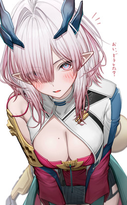 big_breasts blush breasts cleavage clothed clothing female female_humanoid hair highlights_(coloring) horn leaning leaning_forward looking_at_viewer markings mole_(marking) mole_on_breast multicolored_eyes narrowed_eyes open_mouth pointy_ears prick_ears short_hair simple_background text undercut_hair white_background white_hair tabhead arknights_endfield mi_fu_(arknights) horned_humanoid humanoid absurd_res hi_res japanese_text translation_request