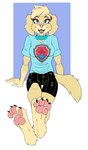 4_toes 5_fingers anthro barefoot blue_eyes bottomwear breasts claws clothed clothing collar ears_down fangs feet female fingers foot_focus front_view fur hair looking_at_viewer open_mouth paws pink_nose pivoted_ears shirt shorts sitting smile smiling_at_viewer soles solo teeth toe_claws toes tongue topwear wide_eyed marcushunter paw_patrol ella_(paw_patrol) canid canine canis domestic_dog mammal 2023