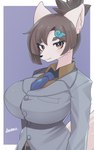 accessory anthro big_breasts black_nose blush breasts business_suit clothing female fur hair hair_accessory inner_ear_fluff looking_at_viewer necktie short_hair simple_background solo suit tuft white_body white_fur arumo canid mammal 2021 5:8 absurd_res hi_res