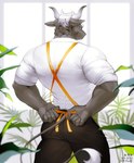 anthro black_body black_fur bottomwear butt clothing fur hair horn looking_away male muscular muscular_anthro muscular_male pants rear_view shirt solo t-shirt tail topwear white_hair sd_planb bovid bovine cattle mammal