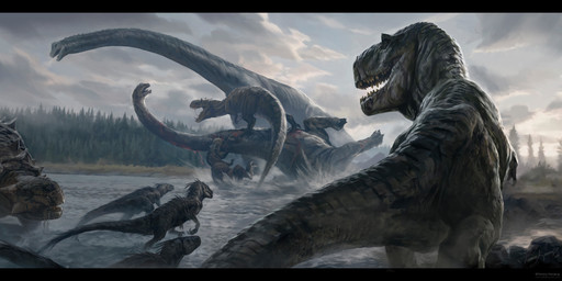 ambiguous_gender biped bite blood bodily_fluids cloud day detailed_background falling feral fight forest gore group long_neck open_mouth outside plant quadruped river sharp_teeth size_difference standing tail teeth tree water tommy_kinnerup dinosaur prehistoric_species reptile saurischian sauropod sauropodomorph scalie 2020 absurd_res digital_media_(artwork) hi_res