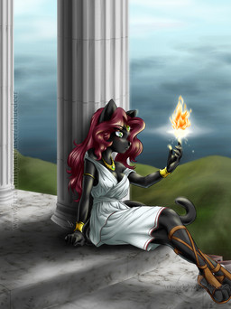 armlet black_body black_fur bracelet clothed clothing female footwear fully_clothed fur green_eyes hair jewelry long_hair magic magic_user necklace outside purple_hair sandals shoes sitting solo temple abluedeer digital_media_(artwork) hi_res shaded