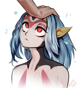 black_markings blue_hair duo facial_markings female forehead_markings hair head_markings headpat looking_at_another markings multicolored_body petting pointy_ears red_eyes red_markings white_body yellow_body johnfoxart blue_submarine_no._6 mutio animal_humanoid aquatic aquatic_humanoid fish fish_humanoid human humanoid mammal nereid 2025 absurd_res hi_res