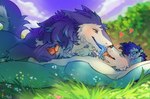 anthro anthro_on_anthro balls blue_body blue_fur blue_hair blurred_background cheek_tuft duo ear_piercing ear_ring ears_back eyes_closed facial_tuft french_kissing fur genitals grass green_eyes hair handjob heart_symbol humanoid_genitalia humanoid_penis kissing licking_tongue lying male male/male neck_tuft nude on_back open_mouth penile penis piercing pink_penis pink_tongue pivoted_ears plant pupils ring_piercing sex sharp_teeth short_hair shrub slit_pupils teeth tongue tuft vein veiny_penis white_balls white_body white_fur famir canid mammal sergal 2024 dated signature