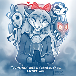 accessory animal_mask anthro biped blue_background bow_ribbon breasts clasped_hands clothed clothed_anthro clothed_female clothing dialogue eyes_closed female fingers front_view fur grin hair hair_accessory hair_bow hair_ribbon heart_symbol majora's_mask_(item) mask ribbons sharp_teeth simple_background smile smirk solo standing teeth text conditional_dnp tom_fischbach majora's_mask nintendo the_legend_of_zelda twokinds happy_mask_salesman vanity_(twokinds) canid canine fox keidran mammal 1:1 2025 digital_drawing_(artwork) digital_media_(artwork) english_text hi_res sketch spot_color