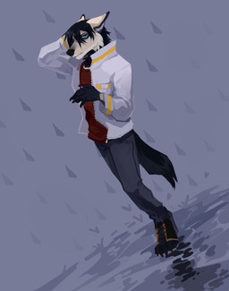 ambiguous_gender anthro black_hair black_nose black_tail blue_eyes bottomwear cheek_tuft clothed clothing facial_tuft fully_clothed fur glistening glistening_eyes grey_bottomwear grey_clothing grey_pants hair hand_behind_head jacket mouth_closed narrowed_eyes pants red_clothing red_topwear short_hair simple_background solo standing tail tan_body tan_fur three-quarter_view topwear tuft unsigned white_body white_clothing white_fur white_jacket white_topwear corzh77 canid mammal absurd_res full-length_portrait hi_res portrait
