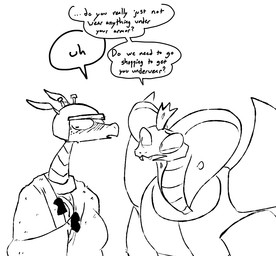 anthro armor awkward bedding blanket bodily_fluids clothed clothing crown cybernetic_limb cybernetics dialogue duo embarrassed female frill_(anatomy) headgear helmet machine male sweat talking_to_another text the_weaver cartoon_network mao_mao:_heroes_of_pure_heart coby_(mao_mao) orangusnake ramaraffe tanner_(mao_mao) cobra cyborg giraffe giraffid mammal reptile scalie snake 2025 black_and_white comic english_text line_art monochrome