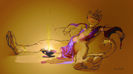 anthro blush bodily_fluids cum cum_string erection fire genital_fluids genitals head_tuft humanoid_genitalia humanoid_penis male male_anthro mouth_closed navel pawpads penis reclining solo spread_legs spreading tuft oselotti oselotti_(character) domestic_cat felid feline felis mammal hi_res partially_colored signature