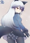 animal_humanoid bottomwear brown_eyes canid canid_humanoid canine canine_humanoid clothed clothing diaper diaper_under_clothing female fox_humanoid gloves grey_hair hair hakmaidaisuki handwear humanoid kemono_friends legwear long_hair looking_back mammal mammal_humanoid silver_fox_(kemono_friends) skirt solo tail_under_skirt third-party_edit tuft wearing_diaper