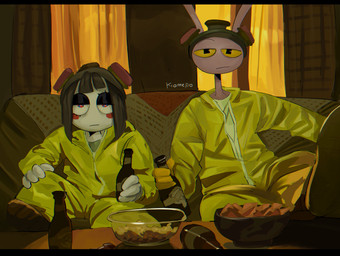 4_fingers alcohol anthro beer beer_bottle beverage black_bars black_eyes blue_eyes bottle clothing container cosplay crossover_cosplay detailed_background duo female fingers fur furniture gas_mask gloves hair handwear hazmat_suit inside long_ears male mask multicolored_eyes on_sofa parody purple_body purple_fur red_eyes rosy_cheeks short_hair sitting sitting_on_sofa sofa text two_tone_eyes white_body white_skin yellow_clothing yellow_gloves yellow_handwear yellow_sclera kiamepo breaking_bad glitch_productions the_amazing_digital_circus jax_(tadc) pomni_(tadc) human lagomorph leporid mammal rabbit 2025 absurd_res artist_name crossover digital_drawing_(artwork) digital_media_(artwork) hi_res letterbox watermark