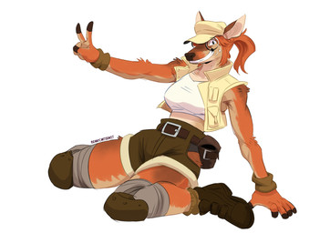 anthro belt belt_buckle bodily_fluids boots bottomwear buckle clothing eyewear female footwear fur gesture glasses hand_gesture hat headgear headwear jacket knee_pads looking_at_viewer orange_body orange_fur shoes shorts simple_background sleeveless_clothing sleeveless_jacket smile smiling_at_viewer solo sweat text topwear v_sign white_background wristband bennycartoonist metal_slug fio_germi deer mammal absurd_res artist_name digital_drawing_(artwork) digital_media_(artwork) hi_res