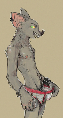 adolescent adolescent_anthro anthro barbell_piercing bat_nose biped bracelet briefs briefs_pull clothing ear_piercing ear_ring fangs fur genitals grey_body grey_fur humanoid_hands jewelry male male_adolescent male_anthro narrowed_eyes navel nipple_barbell nipple_piercing nipples penis piercing presenting presenting_penis ring_piercing side_view simple_background solo spiked_bracelet spikes teeth underwear young shinni bat mammal 2025 hi_res portrait three-quarter_portrait