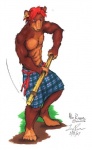 5_toes abs alin_raven anthro bear belt biceps brown_bear brown_body brown_fur claws clothed clothing ear_piercing feet fur grizzly_bear hair holding_object holding_weapon kilt male mammal melee_weapon motion_lines muscular muscular_anthro muscular_male pattern_clothing paws piercing plaid plaid_clothing polearm scottish solo staff tartan_bottomwear toes topless ursine weapon