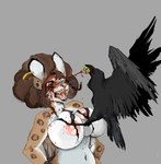 afro anthro big_breasts big_nipples blood blue_eyes bodily_fluids braided_hair breasts ear_piercing ear_ring eye_injury eyeball female gore gore_focus green_eyes grey_background hair heterochromia hoop_ear_ring nipples piercing ring_piercing simple_background solo jeffusherb avian bird corvid corvus_(genus) felid feline mammal oscine passerine raven serval digital_media_(artwork) pixel_(artwork)