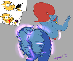anthro big_breasts big_butt blood bodily_fluids bottomwear breasts butt butt_expansion clothing expansion female gun hair hyper long_hair nipples non-mammal_breasts non-mammal_nipples nosebleed ranged_weapon red_hair science surprised torn_bottomwear torn_clothing weapon yellow_eyes giganaut undertale undertale_(series) alphys undyne aquatic fish lizard reptile scalie 6:5