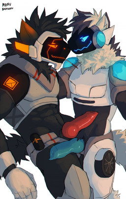 anatomically_correct anatomically_correct_genitalia anatomically_correct_penis animal_genitalia animal_penis anthro armor black_body black_fur black_tail blue_penis canine_genitalia canine_penis chest_armor clothing cybernetics duo food fur futuristic genitals gloves handwear knot machine male male/male penis penis_on_belly pocky_in_mouth screen screen_face tail visor white_body white_fur white_tail rofu_kagazaki pocky alien cyborg protogen hi_res