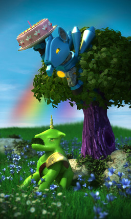 angry cake candle dessert duo facial_hair flower food green_body green_eyes green_skin happy horn machine male meadow mustache plant rainbow sky tree yellow_eyes osuka facebook_twitter_(johnnyutah) hasbro mindchamber_(series) my_little_pony mythology newgrounds gigantor_(johnnyutah) mindchamber_(character) equid equine horse mammal mythological_creature mythological_equine pony robot unicorn 3:5 3d_(artwork) digital_media_(artwork) hi_res