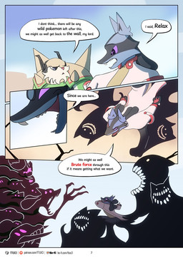 anthro bottomless bottomless_male clothed clothing corruption dialogue female male shadow smile text ttux3 nintendo pokemon pokemon_khronull roman_(ttux3) chesnaught generation_4_pokemon generation_6_pokemon lucario pokemon_(species) colored comic english_text hi_res url