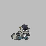 anthro biped black_nose bottomwear clothing fur grey_background grey_body grey_fur hat headgear headwear humanoid_hands pants simple_background slightly_chubby solo breeze_in_the_clouds shorty_(breeze_in_the_clouds) mammal procyonid raccoon 1:1 2021 animated short_playtime