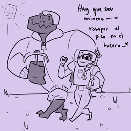 anthro armor clothing duo female happy jacket male pickaxe singing smile text topwear walking tibbs microsoft minecraft mojang xbox_game_studios dinosaur human mammal prehistoric_species reptile scalie 1:1 2021 digital_media_(artwork) hi_res monochrome spanish_text