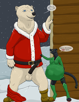 abdominal_bulge after_fellatio after_oral after_sex animal_genitalia anthro anthro_pred balls belly big_belly blue_eyes bottomless bottomless_anthro bottomless_male breasts clothed clothing costume dialogue duo ear_piercing ear_ring erection exclamation_point female female_anthro female_pred fully_inside genitals holiday_message holidays huge_belly male male/female male_anthro nipple_outline outside penis piercing ring_piercing santa_costume semi-anthro sheath snout snow speech_bubble text vore whiskers yellow_eyes strega christmas santa_binky bear felid jaguar mammal pantherine polar_bear ursine english_text hi_res