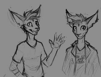 anthro clothed clothing ear_piercing ear_ring gesture glistening glistening_eyes grin hair jacket male notched_ear piercing pupils ring_piercing shirt short_hair simple_background slit_pupils smile solo standing t-shirt topwear unsigned waving waving_at_viewer acidic cid_(acidic) felid mammal full-length_portrait half-length_portrait monochrome portrait sketch_page